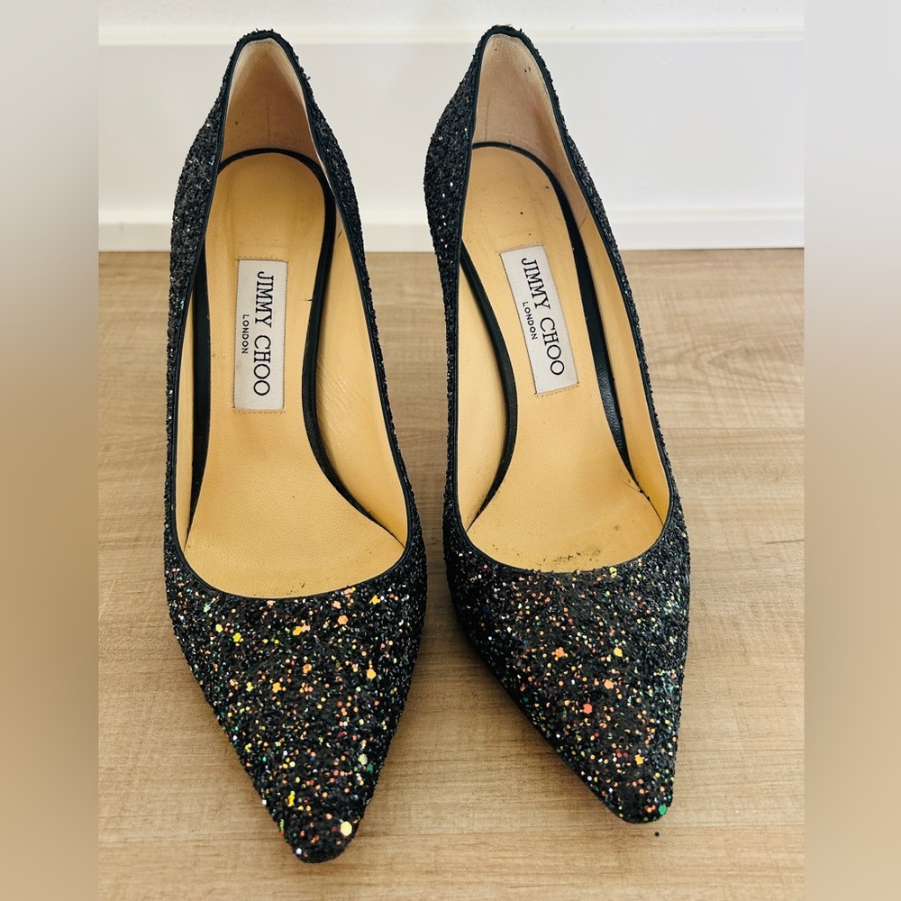 Jimmy Choo Romy Black Glitter Heels